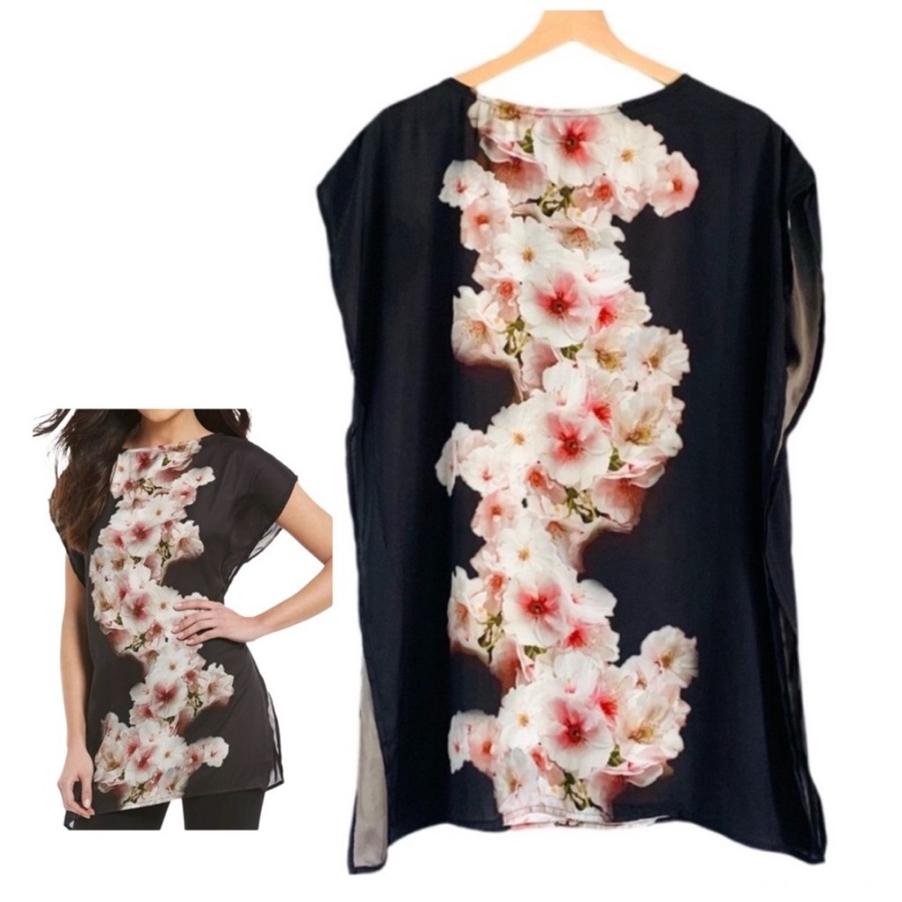 Bryn Walker Dylan Tunic Black and Pink Cherri Blossom Print Top Size Small